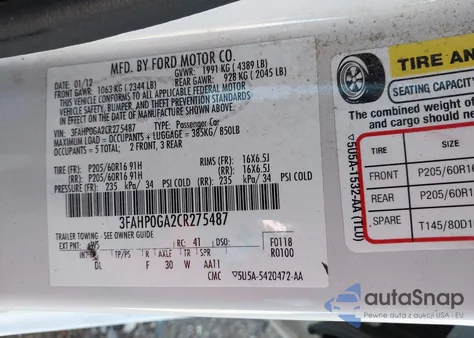 2012 Ford Fusion S from USA, damaged, VIN 3FAHP0GA2CR275487